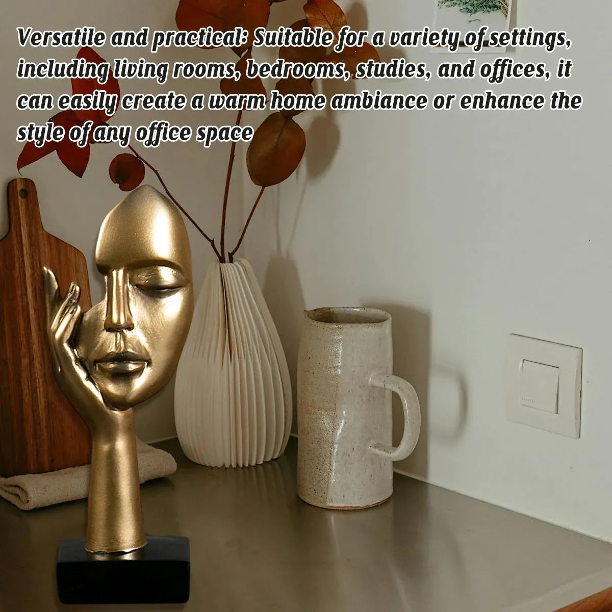 Abstract Face Resin Sculpture in Gold with Black Base for Living Room