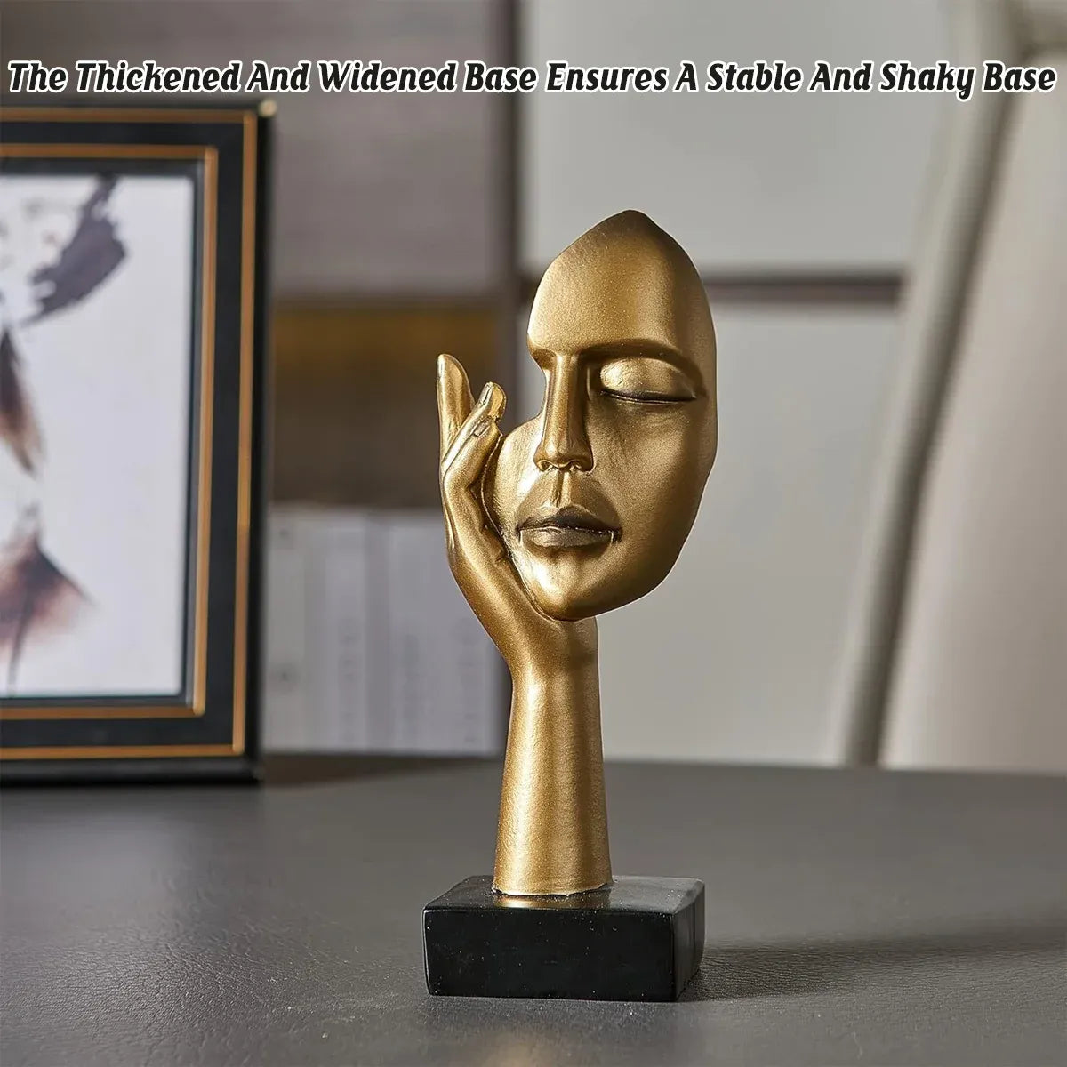 Abstract Face Resin Sculpture in Gold with Black Base for Living Room