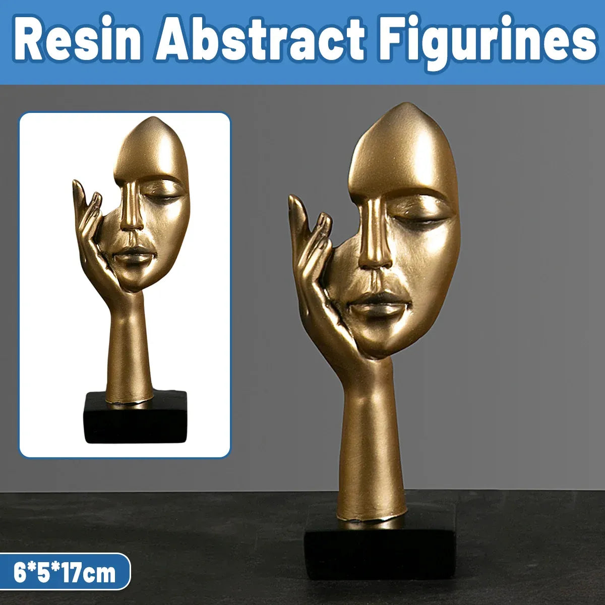 Abstract Face Resin Sculpture in Gold with Black Base for Living Room