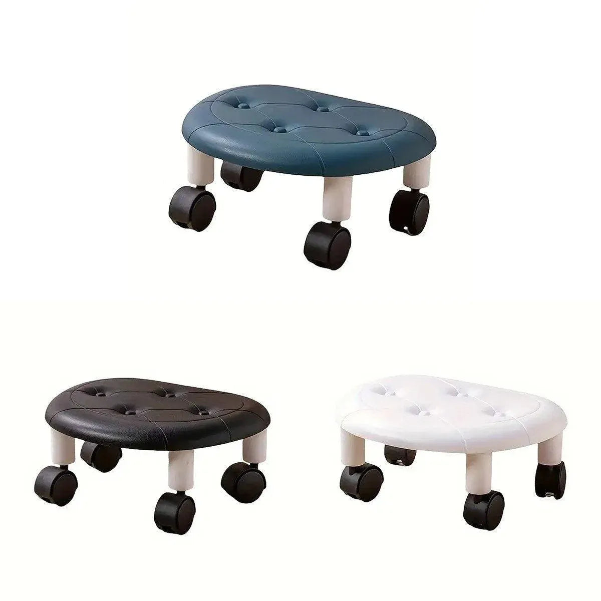 Imitation Leather Low Stool with Wheels Modern Bedroom Living Room Plastic Bench - Blue
