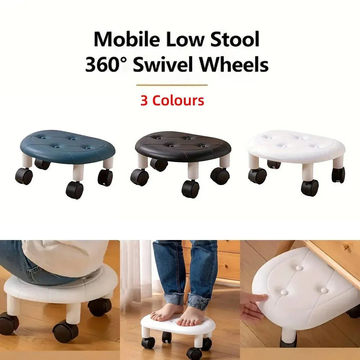 Imitation Leather Low Stool with Wheels Modern Bedroom Living Room Plastic Bench - Blue