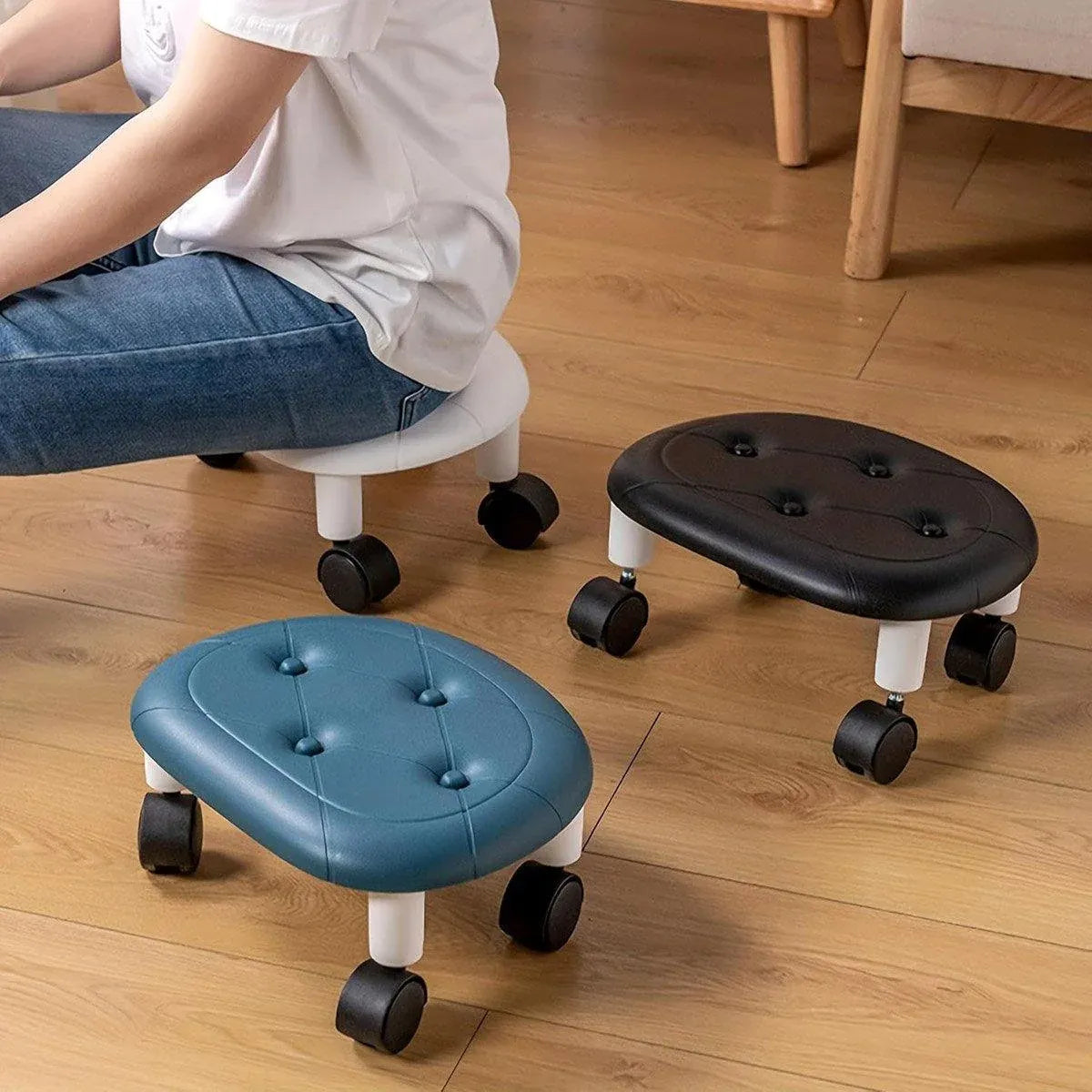 Imitation Leather Low Stool with Wheels Modern Bedroom Living Room Plastic Bench - Blue