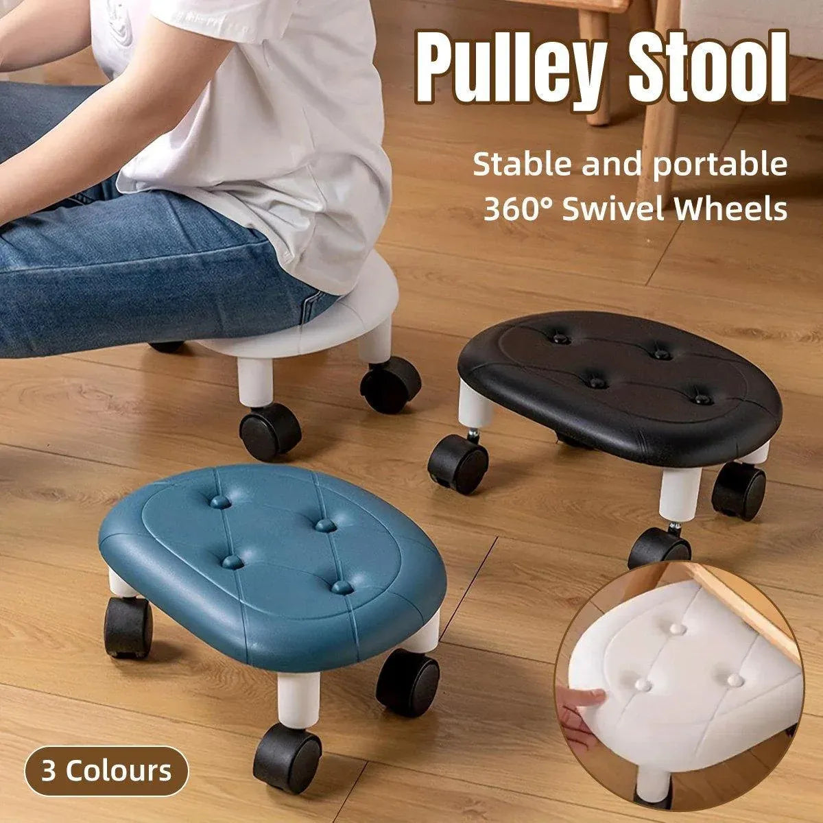 Imitation Leather Low Stool with Wheels Modern Bedroom Living Room Plastic Bench - White