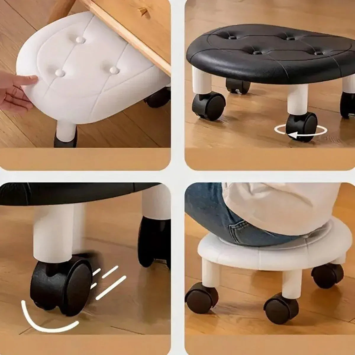 Imitation Leather Low Stool with Wheels Modern Bedroom Living Room Plastic Bench - White