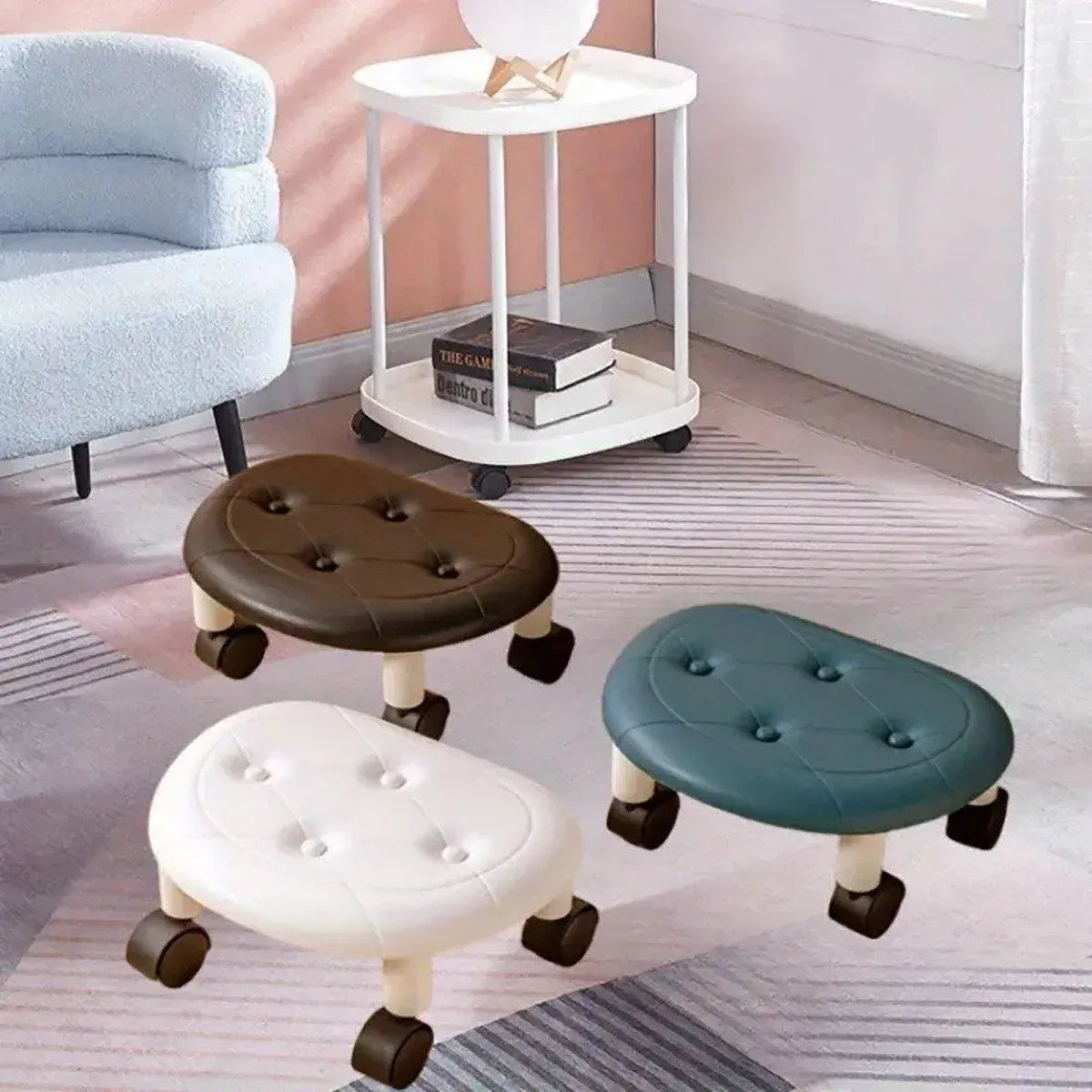 Imitation Leather Low Stool with Wheels Modern Bedroom Living Room Plastic Bench - White