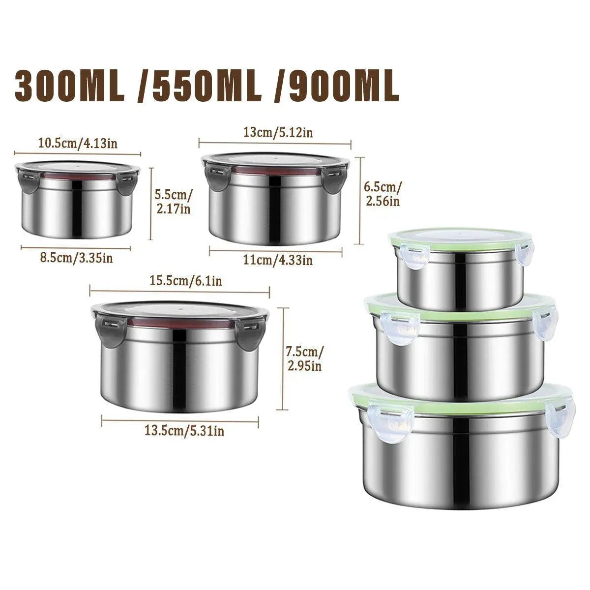 3PCS Stainless Steel Sealed Crisper Storage Box with Lid Round Food Lunch Box - Black