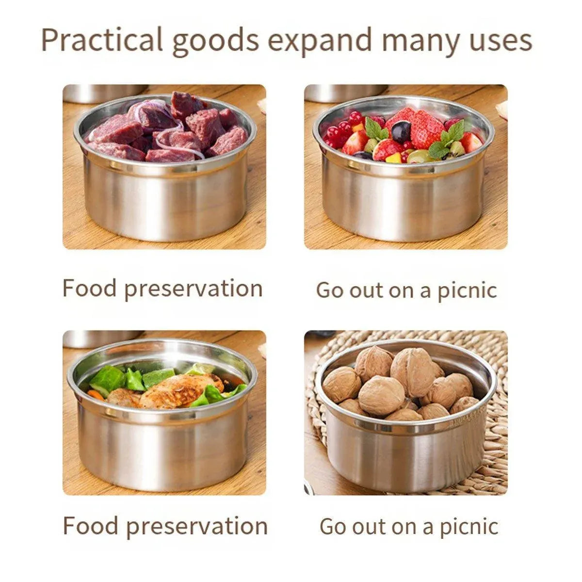 3PCS Stainless Steel Sealed Crisper Storage Box with Lid Round Food Lunch Box - Black