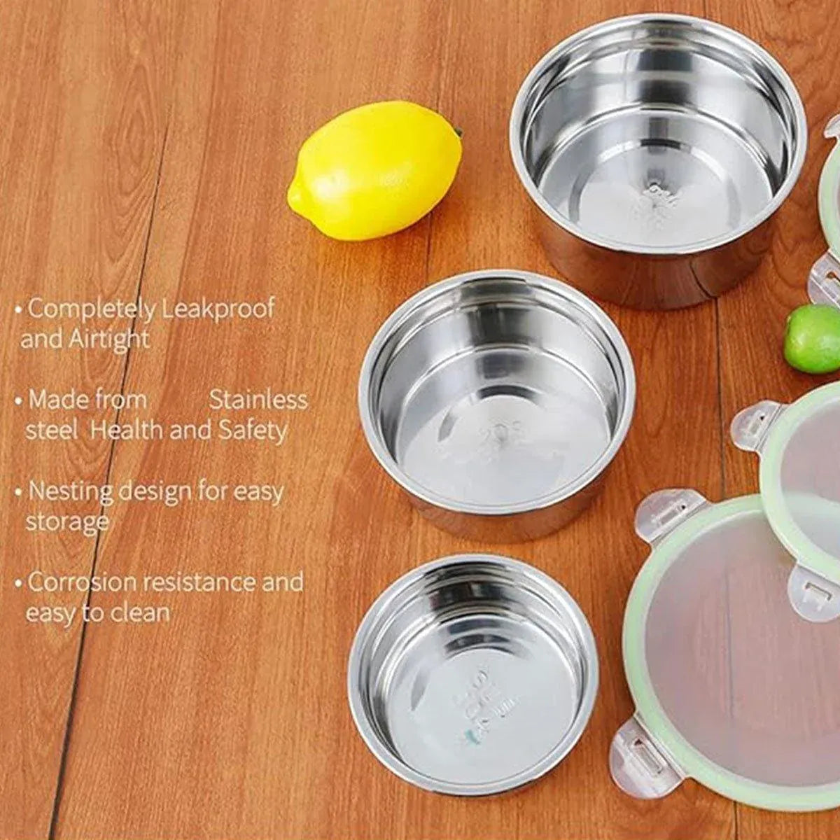 3PCS Stainless Steel Sealed Crisper Storage Box with Lid Round Food Lunch Box - Black