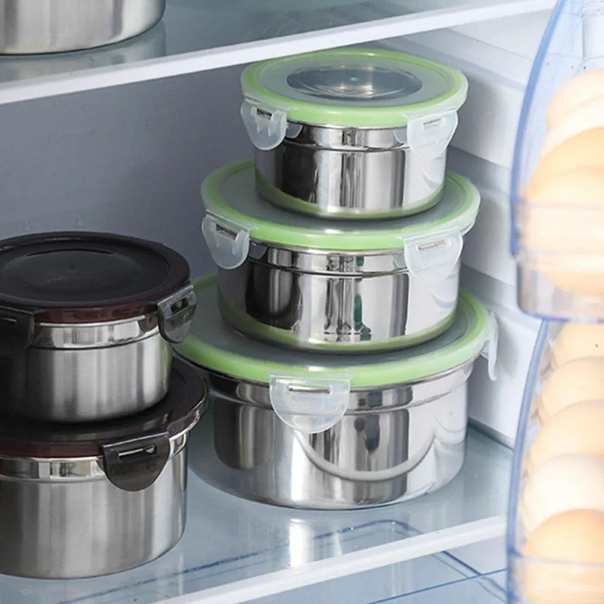 3PCS Stainless Steel Sealed Crisper Storage Box with Lid Round Food Lunch Box - Black