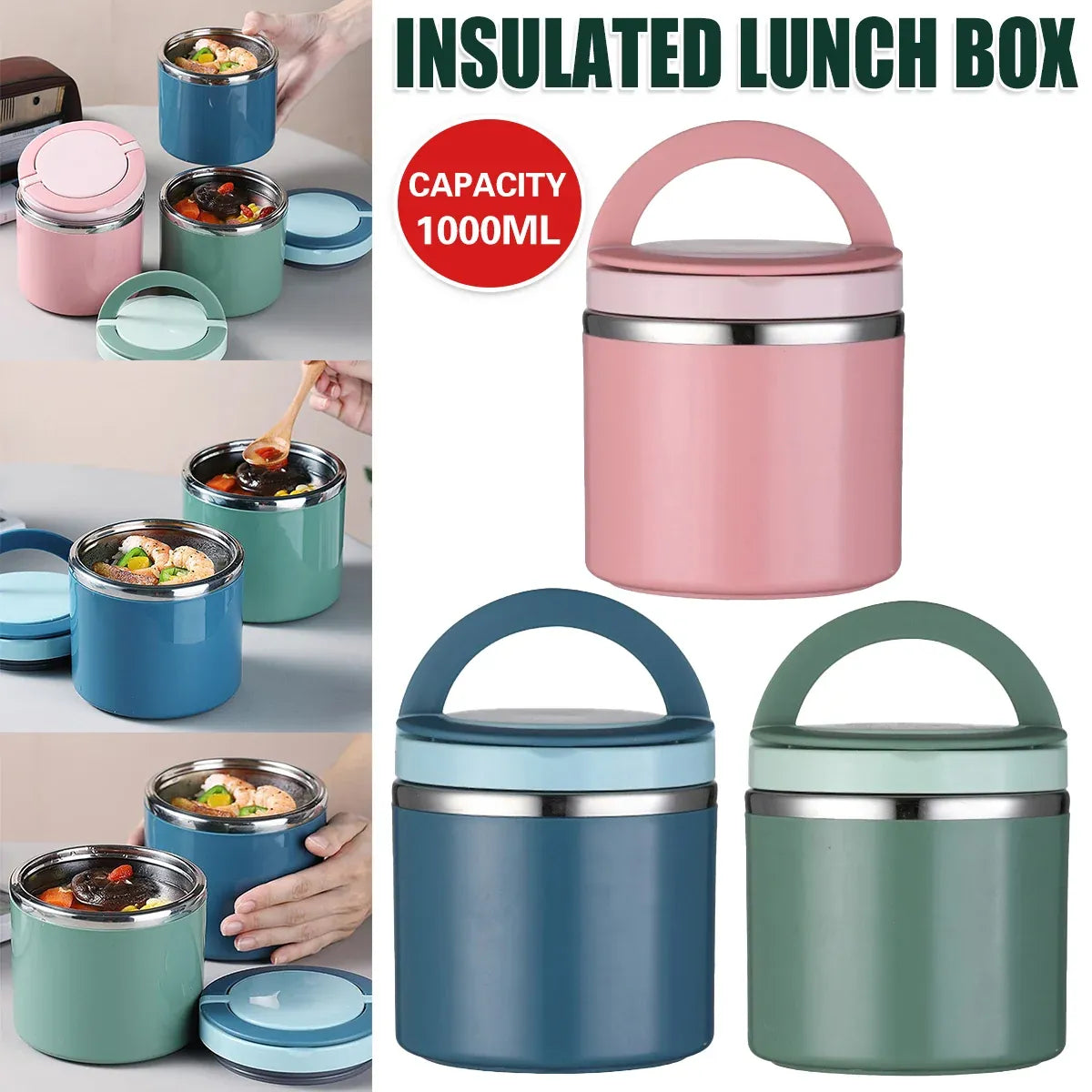 1L Large Capacity Stainless Steel Insulated Lunch Box Food Container Durable - Green
