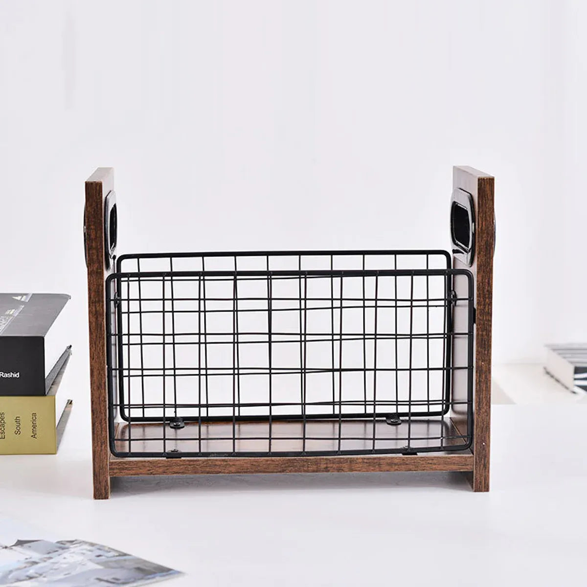 Wooden Desktop Storage Basket Wire Iron Combination Organiser Rustic 29x12x23cm