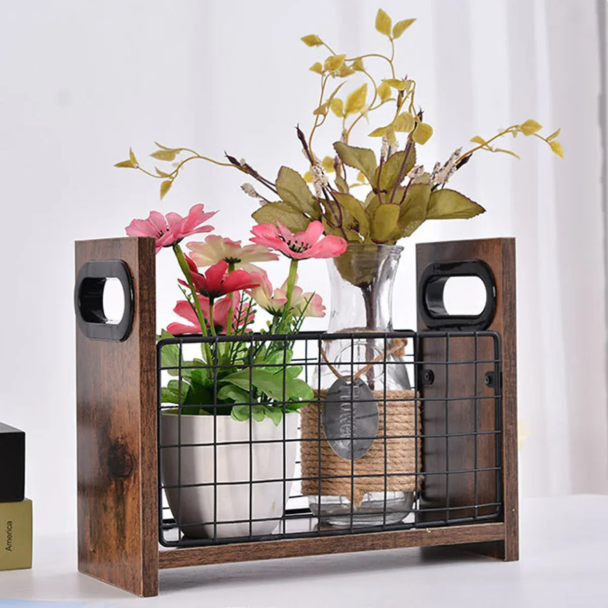 Wooden Desktop Storage Basket Wire Iron Combination Organiser Rustic 29x12x23cm