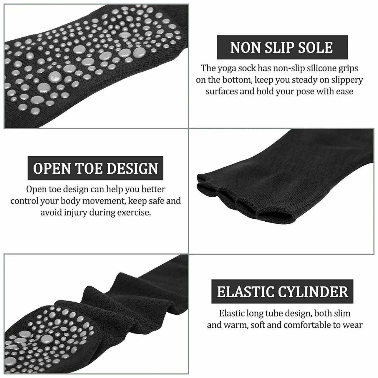 Women Long Massage Pilates Socks Yoga Socks Non Slip Socks Medium Open - Medium Open Toe Black
