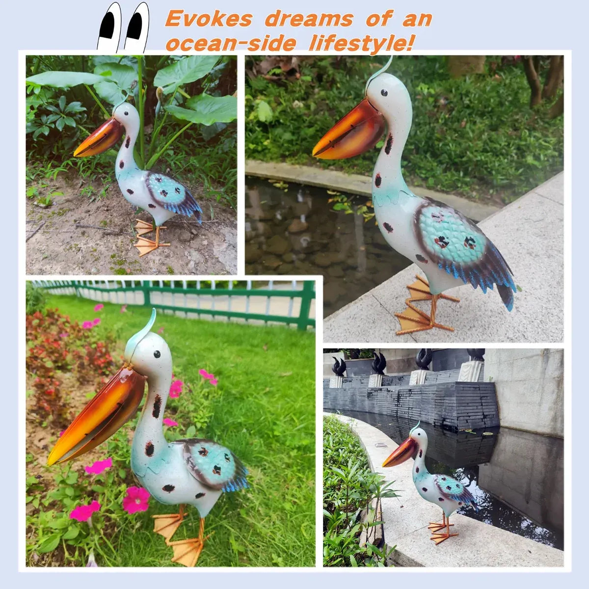 Iron Pelican Statue Garden Decoration for Outdoor Yard Patio Lawn Porch Ornament