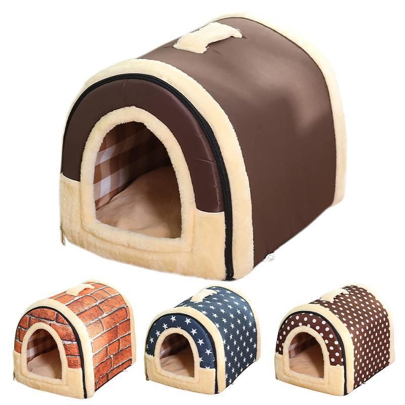 L Size Pet House Kennel Soft Igloo Beds Cave Cat Puppy Bed Warm Cushion Fold - Brick