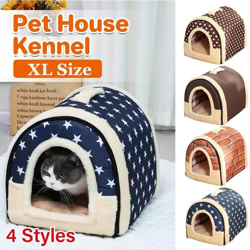 XL Size Pet House Kennel Soft Igloo Beds Cave Cat Puppy Bed Warm Cushion Fold - Brown Dots