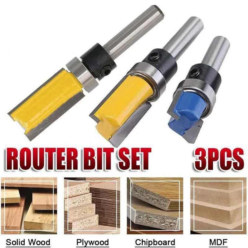3PCS 1/4inch Shank Flute Flush Trim Router Bit Set Top Bearing Milling Cutter Kit