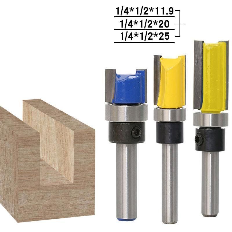 3PCS 1/4inch Shank Flute Flush Trim Router Bit Set Top Bearing Milling Cutter Kit