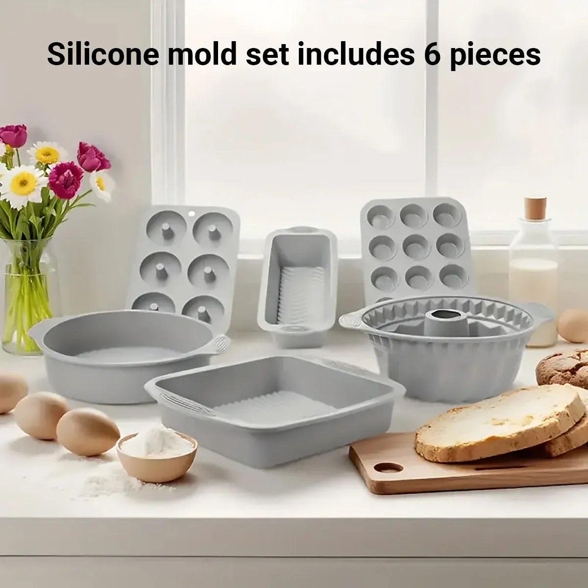 6PCS Silicone Cake Mould Set Baking Pans Nonstick Cupcake Cookie Tools Reusable - Grey