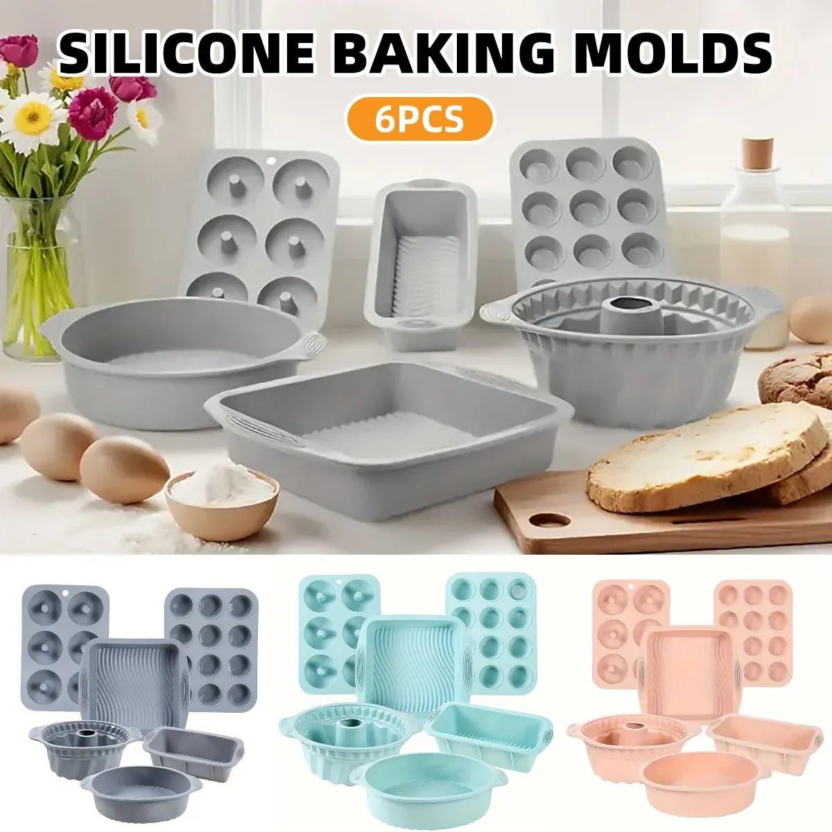 6PCS Silicone Cake Mould Set Baking Pans Nonstick Cupcake Cookie Tools Reusable - Grey