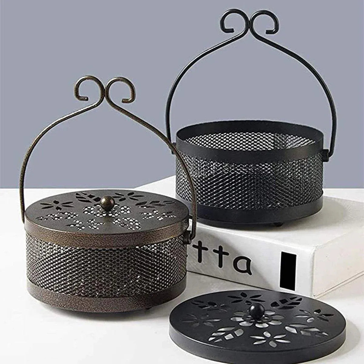 Fireproof Wrought Iron Mosquito Coil Holder with Cover for Indoor Outdoor Use - Brown