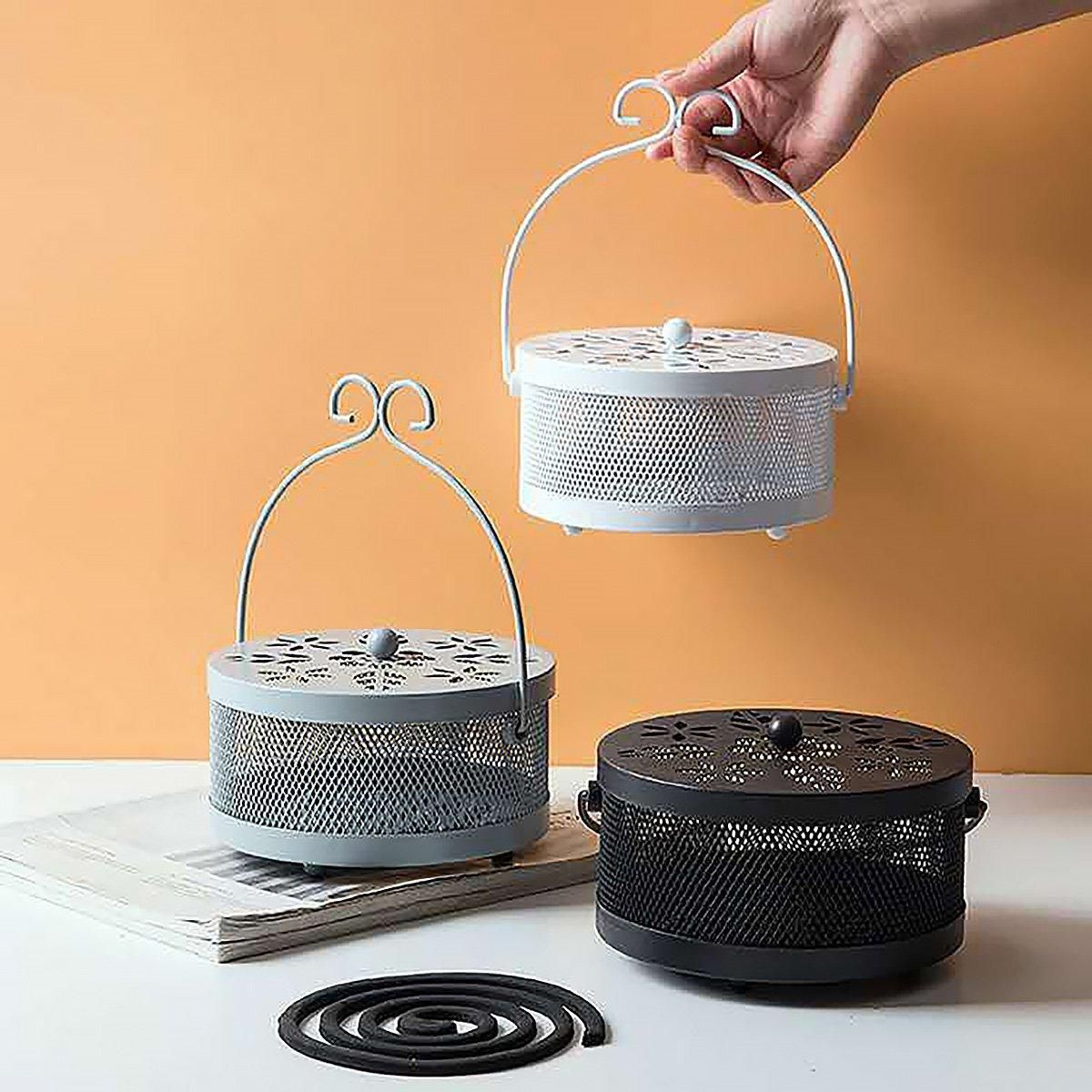 Fireproof Wrought Iron Mosquito Coil Holder with Cover for Indoor Outdoor Use - Grey