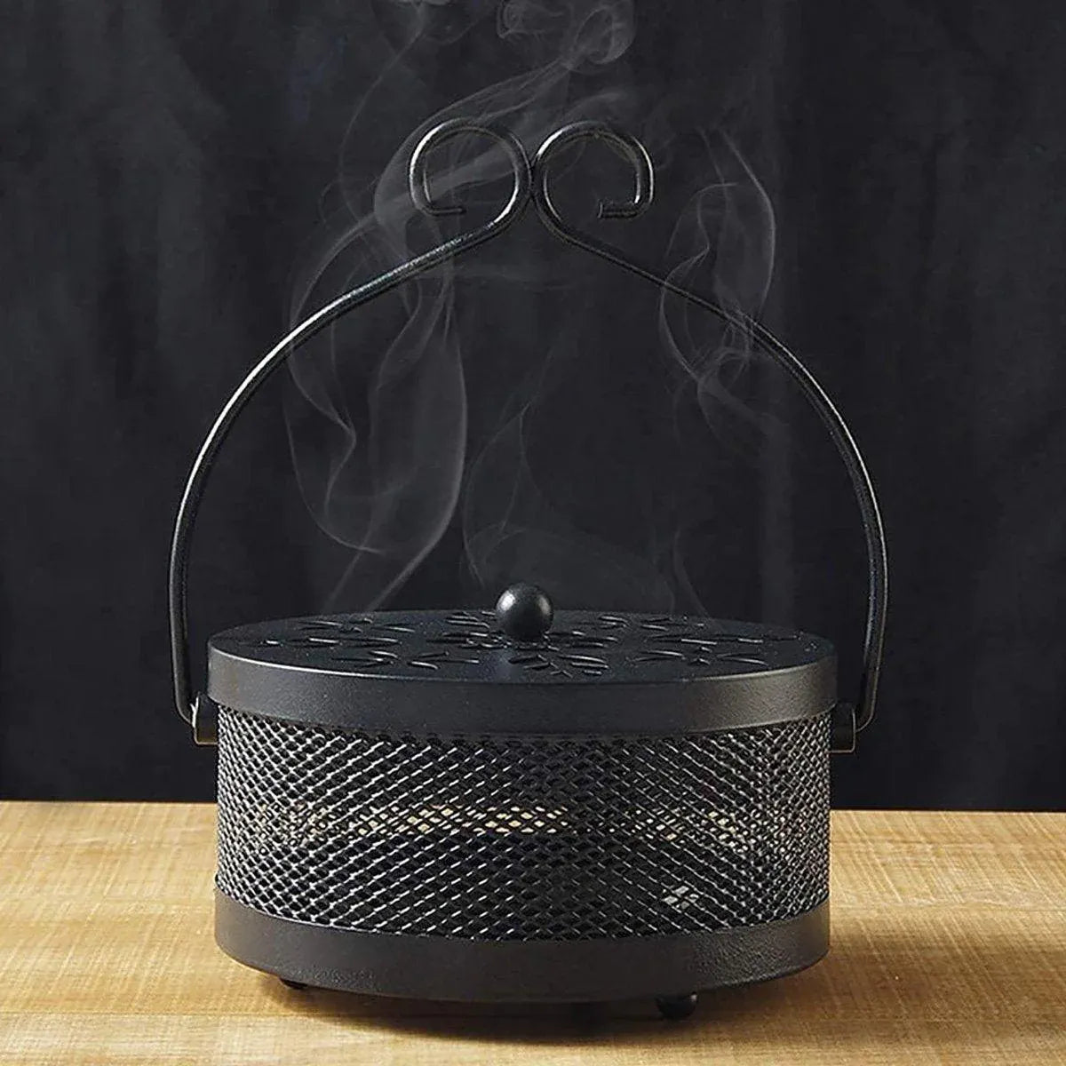 Fireproof Wrought Iron Mosquito Coil Holder with Cover for Indoor Outdoor Use - Grey