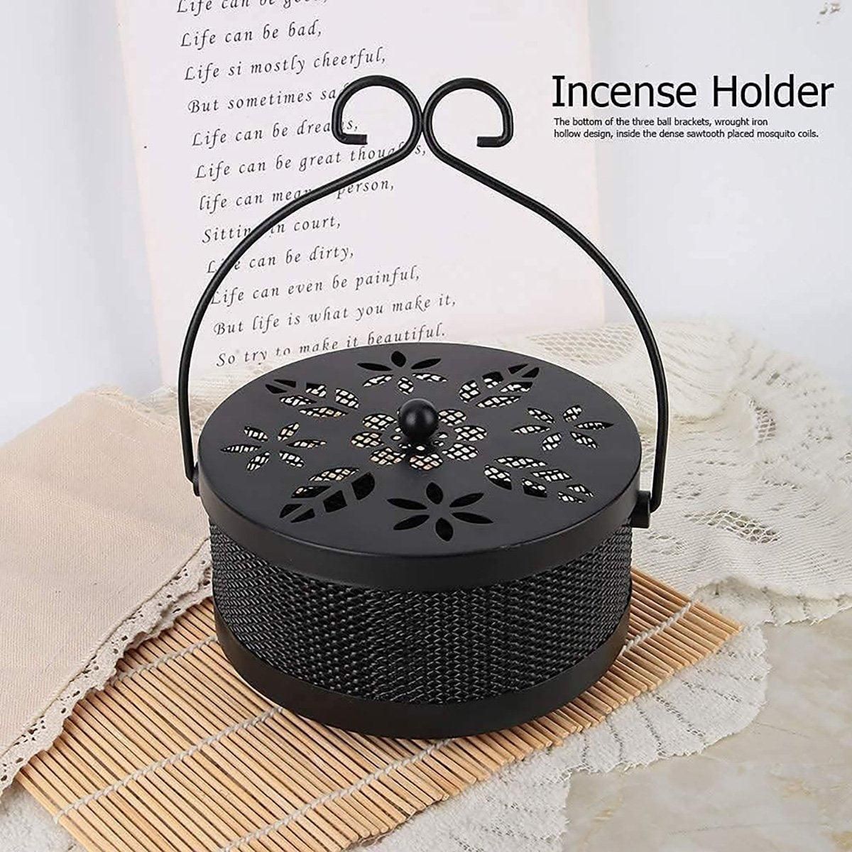 Fireproof Wrought Iron Mosquito Coil Holder with Cover for Indoor Outdoor Use - Grey
