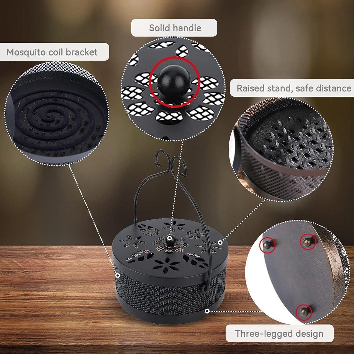 Fireproof Wrought Iron Mosquito Coil Holder with Cover for Indoor Outdoor Use - White
