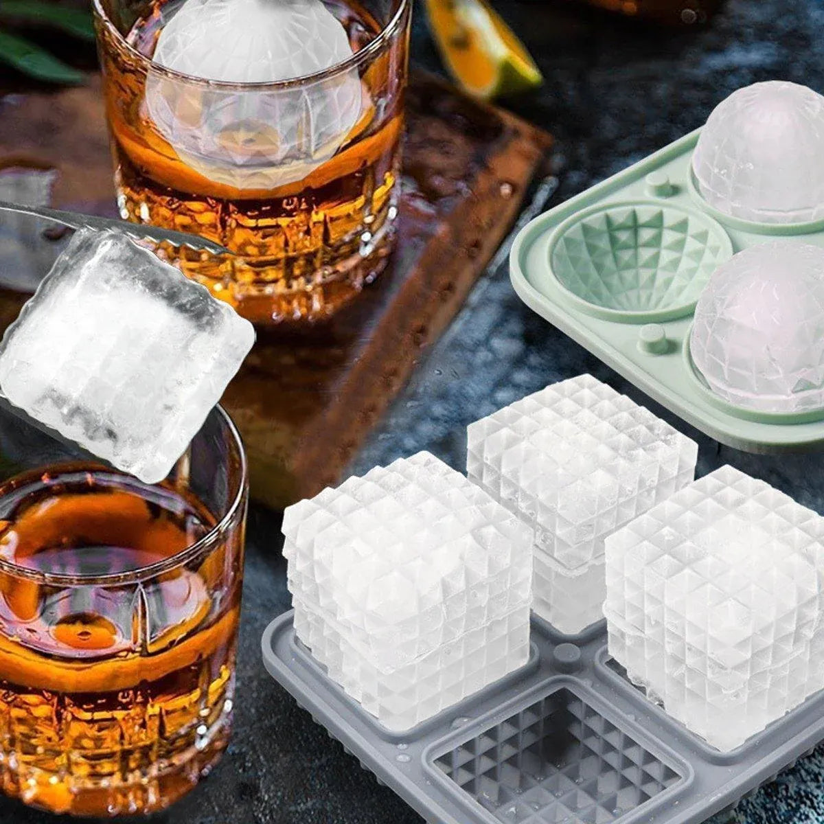 2PCS Silicone Ice Cube Tray Round and Square Ice Ball Maker for Whiskey Cocktails - Black