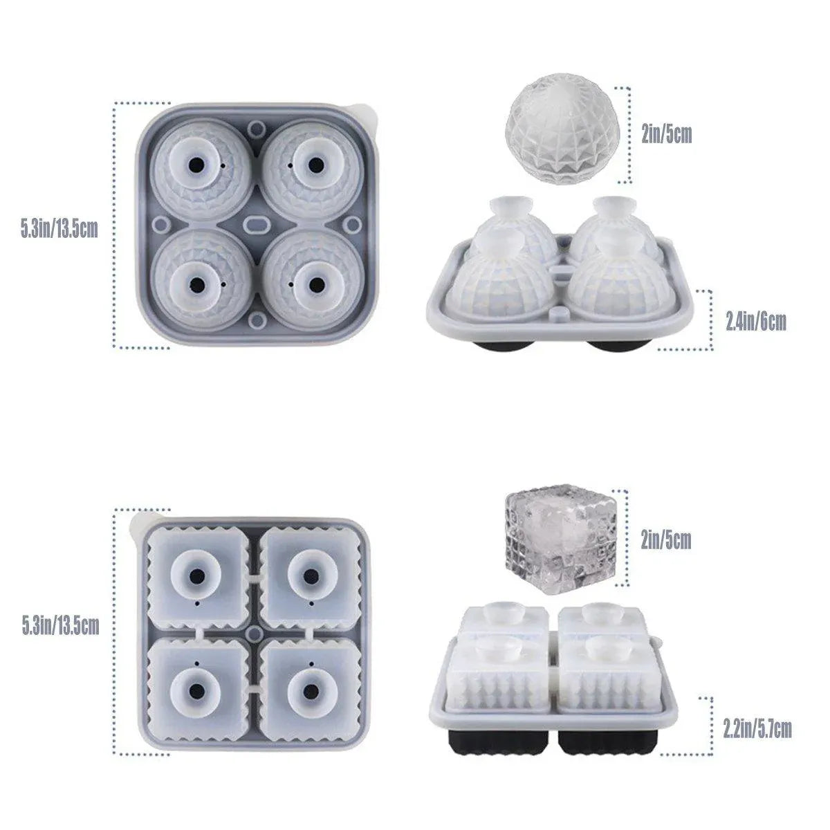 2PCS Silicone Ice Cube Tray Round and Square Ice Ball Maker for Whiskey Cocktails - Grey