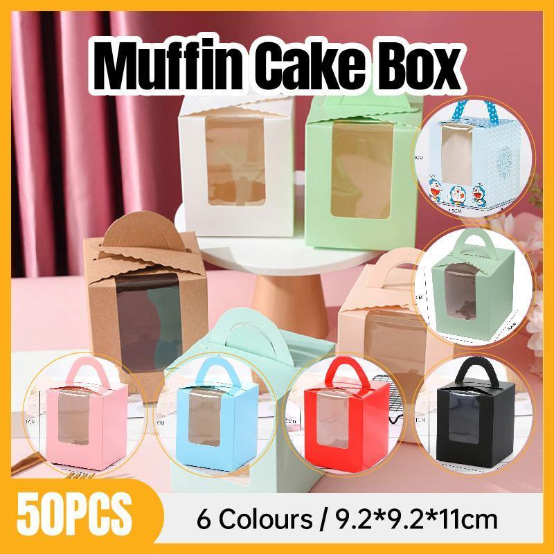 50 Pack Premium Cupcake Boxes with Window Thickened Cardboard Muffin Holders - Blue