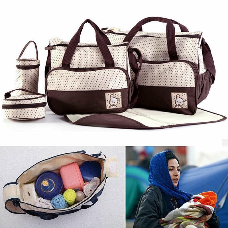 5Pcs Travel Nappy Bag Set with Shoulder Tote and Changing Organiser Bags - Black