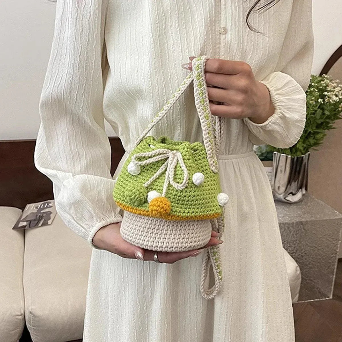 Handmade Wool Woven Mushroom Bag Fashion Shoulder Crossbody Womens Bucket Bag