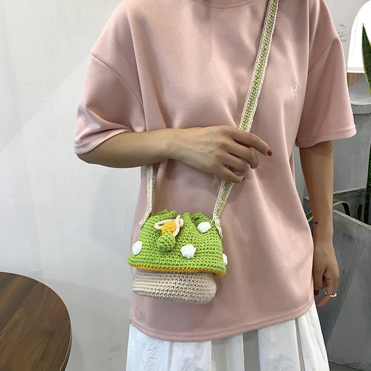 Handmade Wool Woven Mushroom Bag Fashion Shoulder Crossbody Womens Bucket Bag