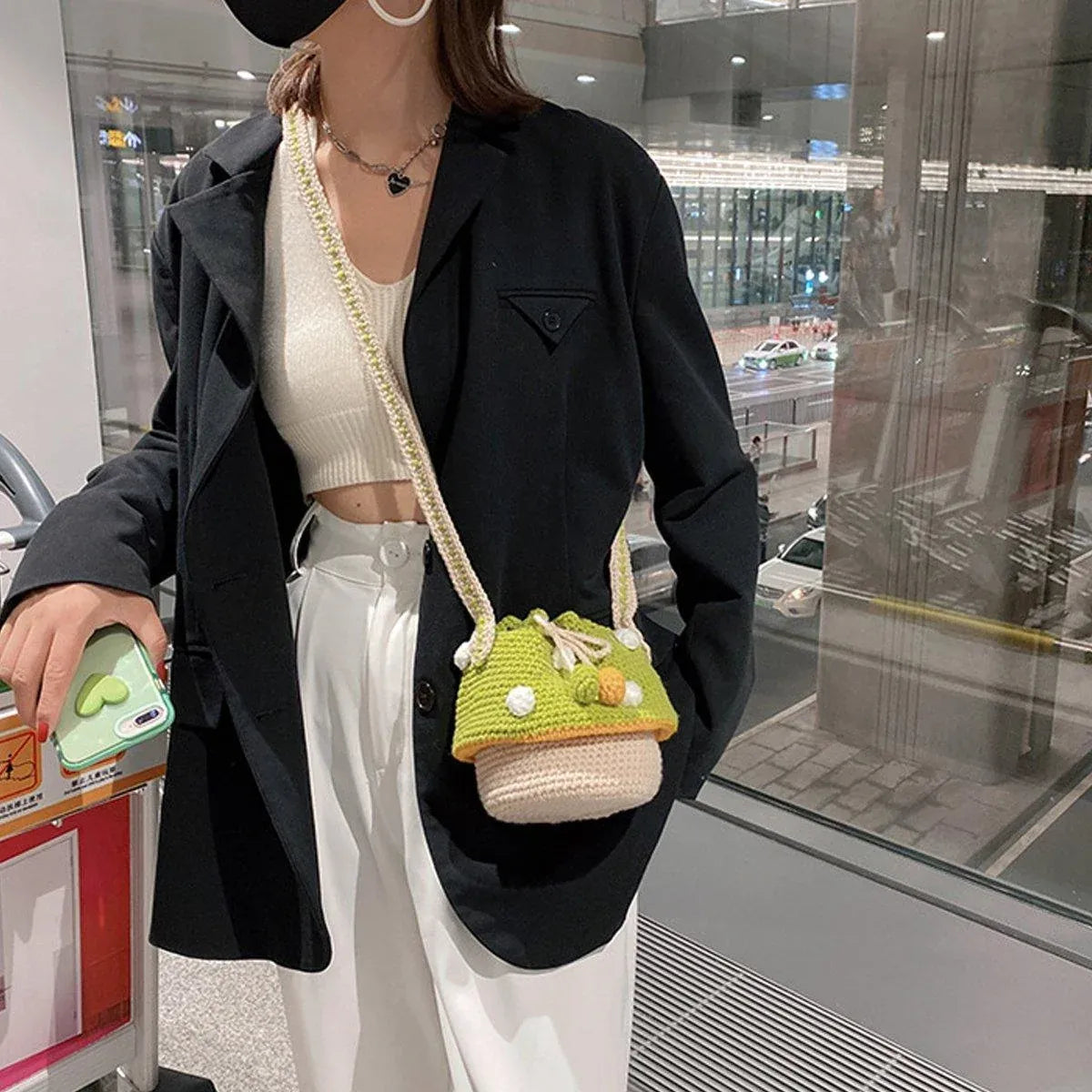 Handmade Wool Woven Mushroom Bag Fashion Shoulder Crossbody Womens Bucket Bag