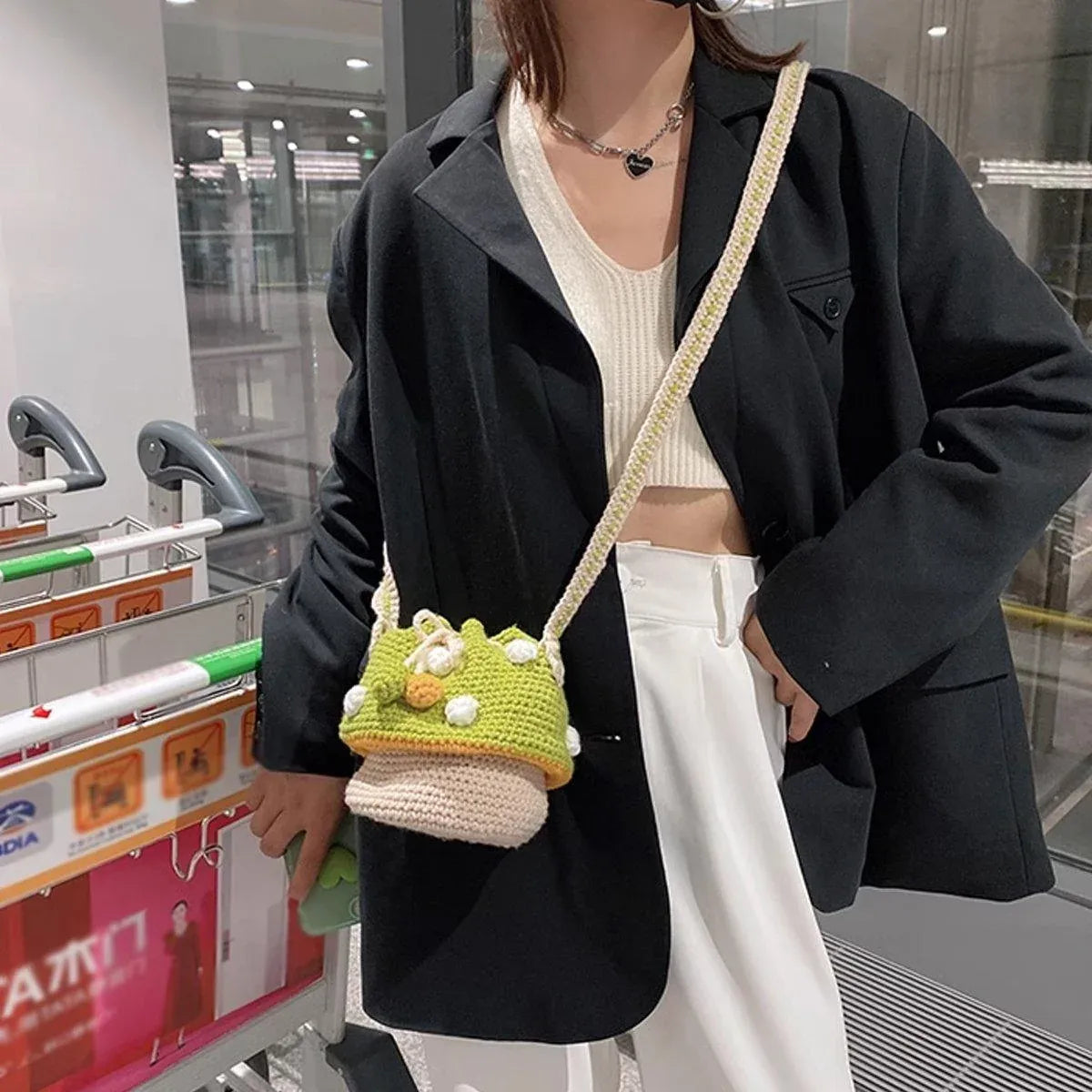 Handmade Wool Woven Mushroom Bag Fashion Shoulder Crossbody Womens Bucket Bag