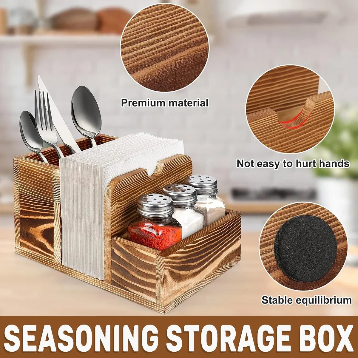 Wooden Spice Storage Box Desktop Organiser Rack Kitchen Countertop Container