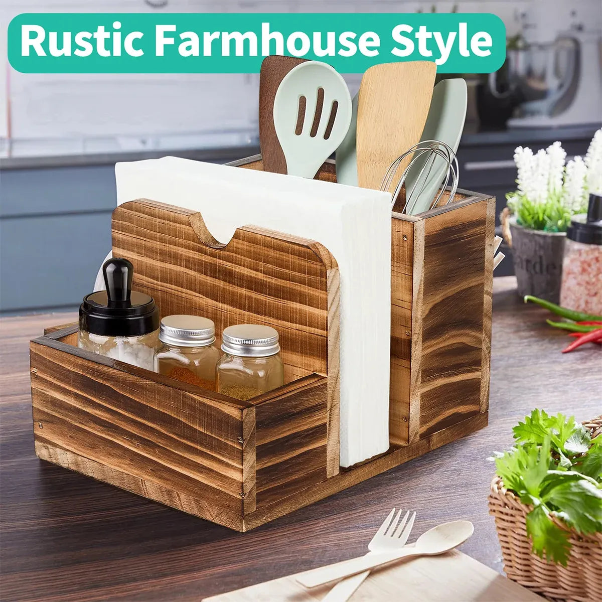 Wooden Spice Storage Box Desktop Organiser Rack Kitchen Countertop Container
