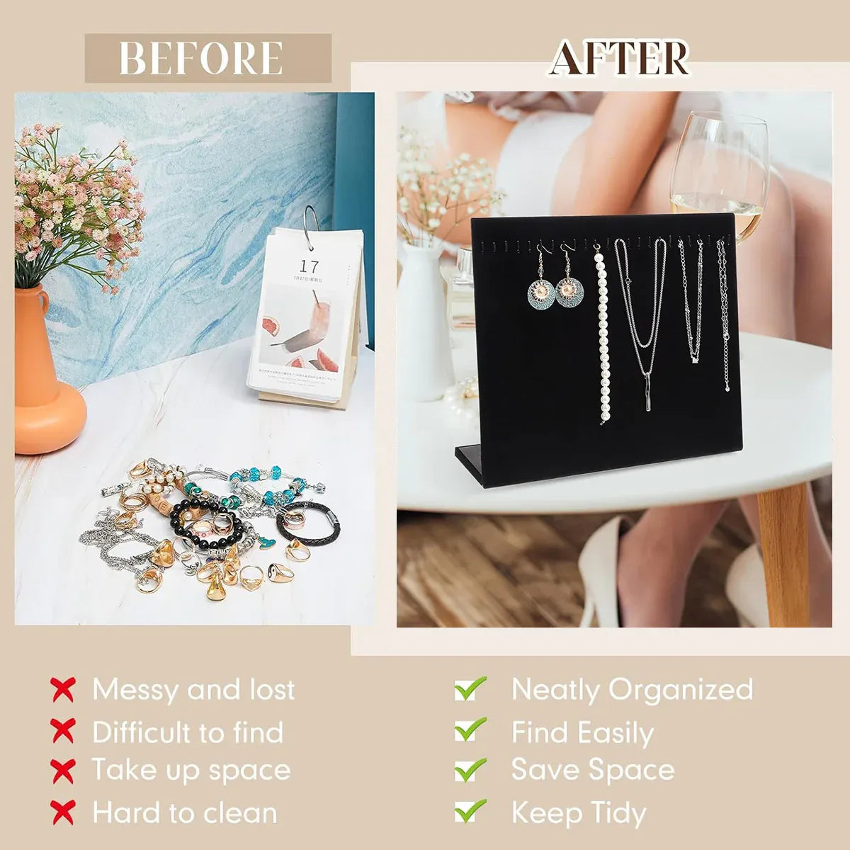 24Hooks Necklace Display Stand Wooden Jewelry Organizer for Store Home Use
