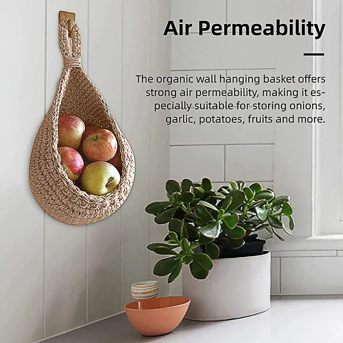 3pcs Boho Hanging Wall Baskets Woven Vegetable Fruit Storage Pouch Kitchen Decor