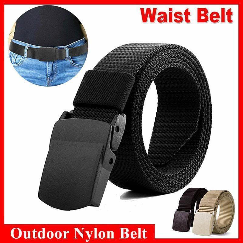 Canvas Web Belt Tactical Nylon Outdoor Waistband Mens Non Metal Buckle - Black