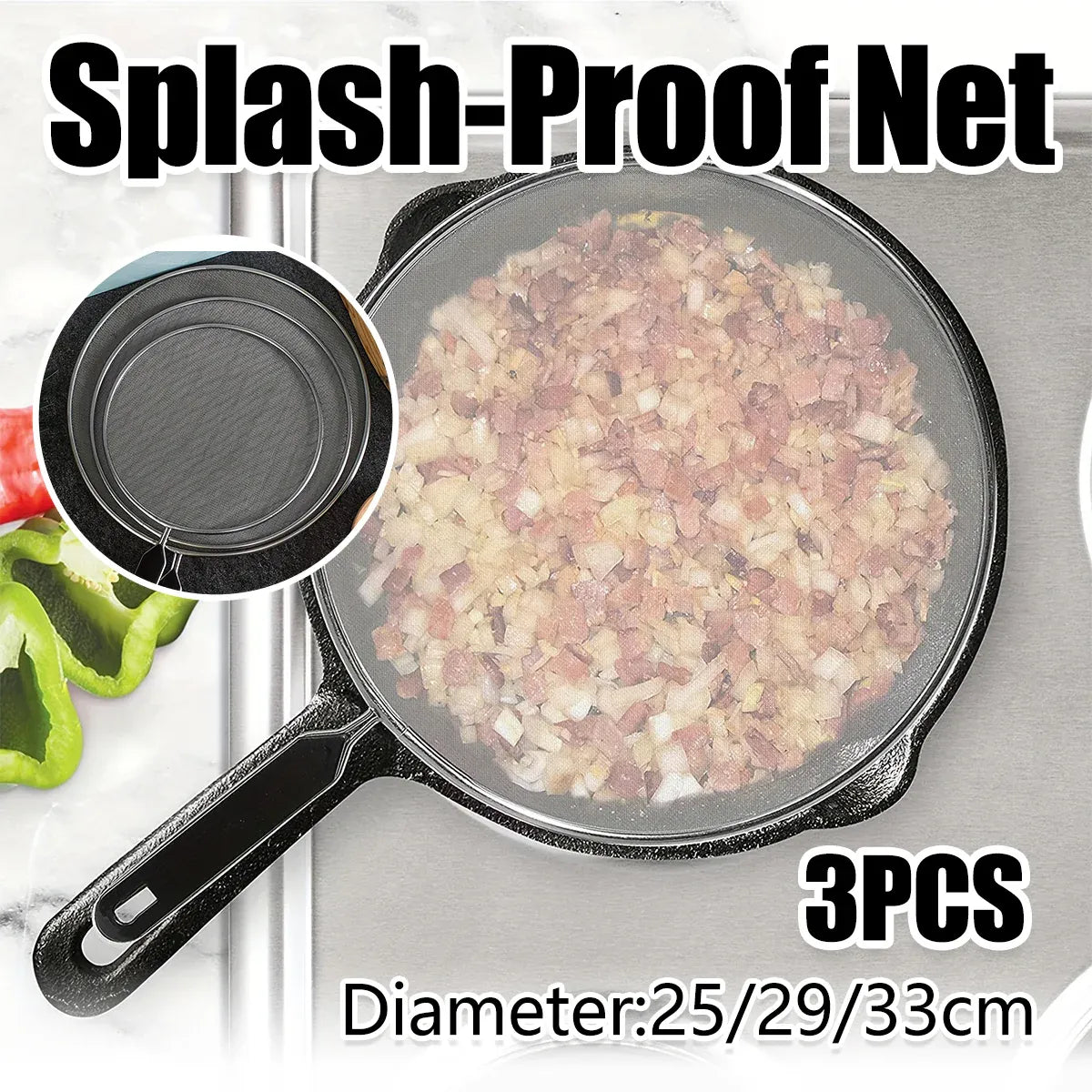 Splatter Screen 3PCS Stainless Steel Mesh Guard for Frying Pan Oil Splash Shield