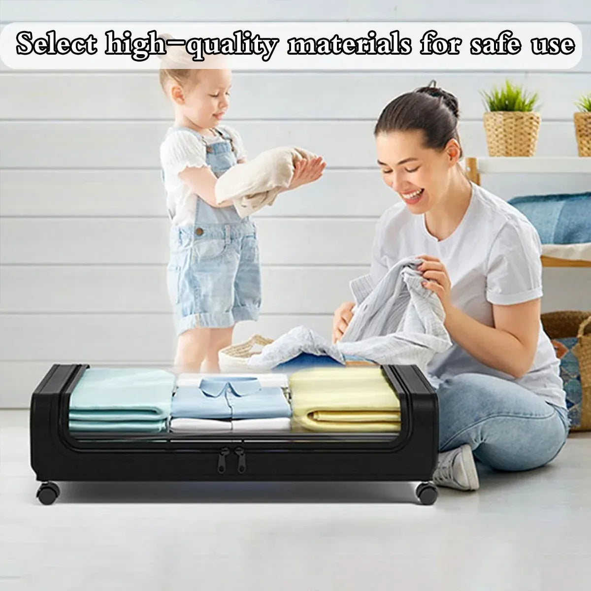 Under Bed Storage Rack Square Design with Wheels Rolling Trolley Box for Home - Black