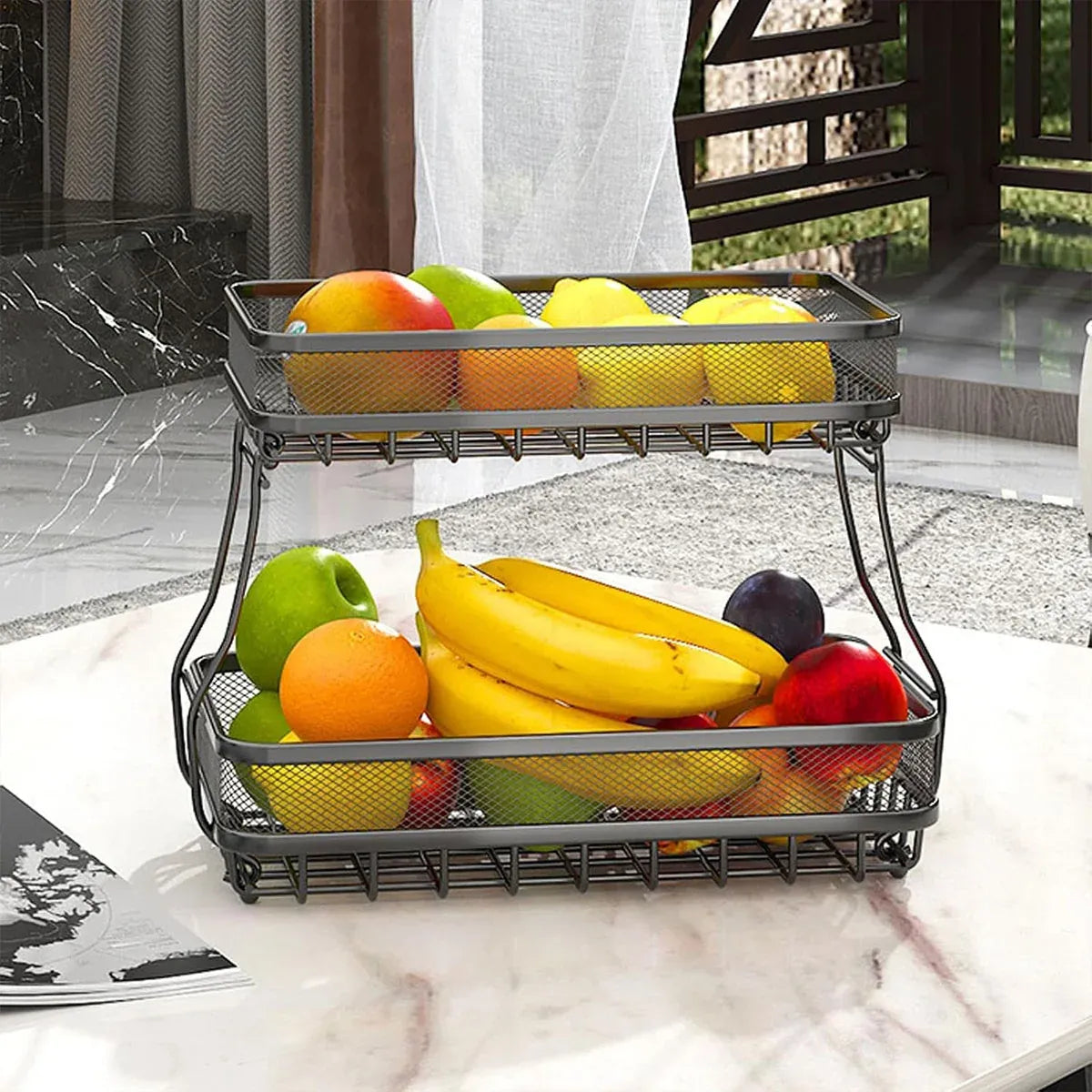 2 Tier Countertop Storage Basket Rack Kitchen Vegetable Fruit Snack Organizer