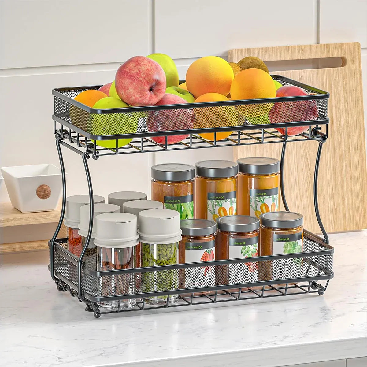 2 Tier Countertop Storage Basket Rack Kitchen Vegetable Fruit Snack Organizer