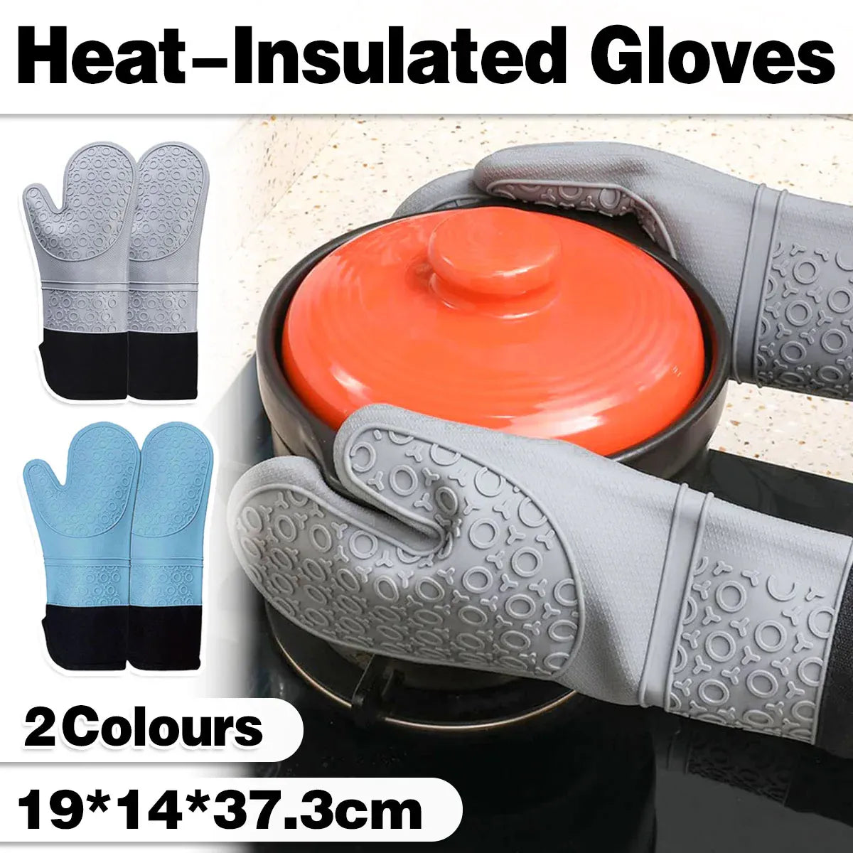 Kitchen Heat Resistant Gloves Pair Cooking Oven Mitts Baking BBQ Insulated Glove - Blue