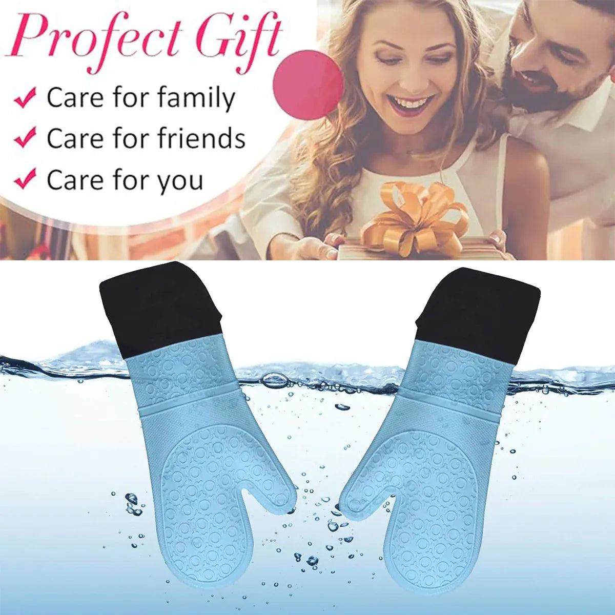 Kitchen Heat Resistant Gloves Pair Cooking Oven Mitts Baking BBQ Insulated Glove - Blue