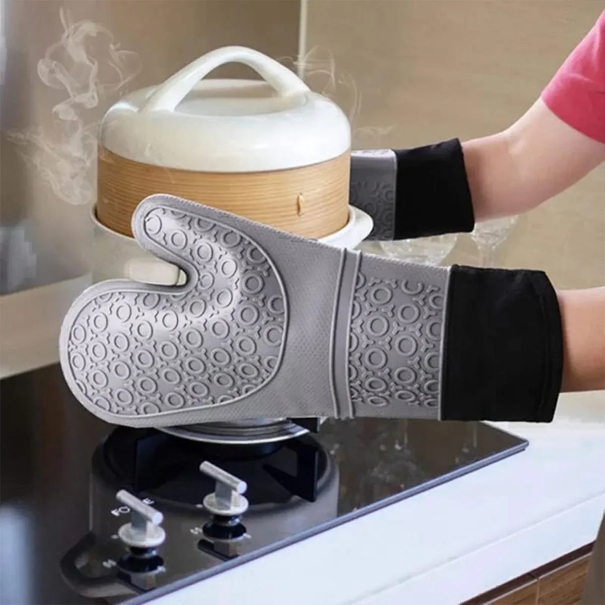 Kitchen Heat Resistant Gloves Pair Cooking Oven Mitts Baking BBQ Insulated Glove - Blue