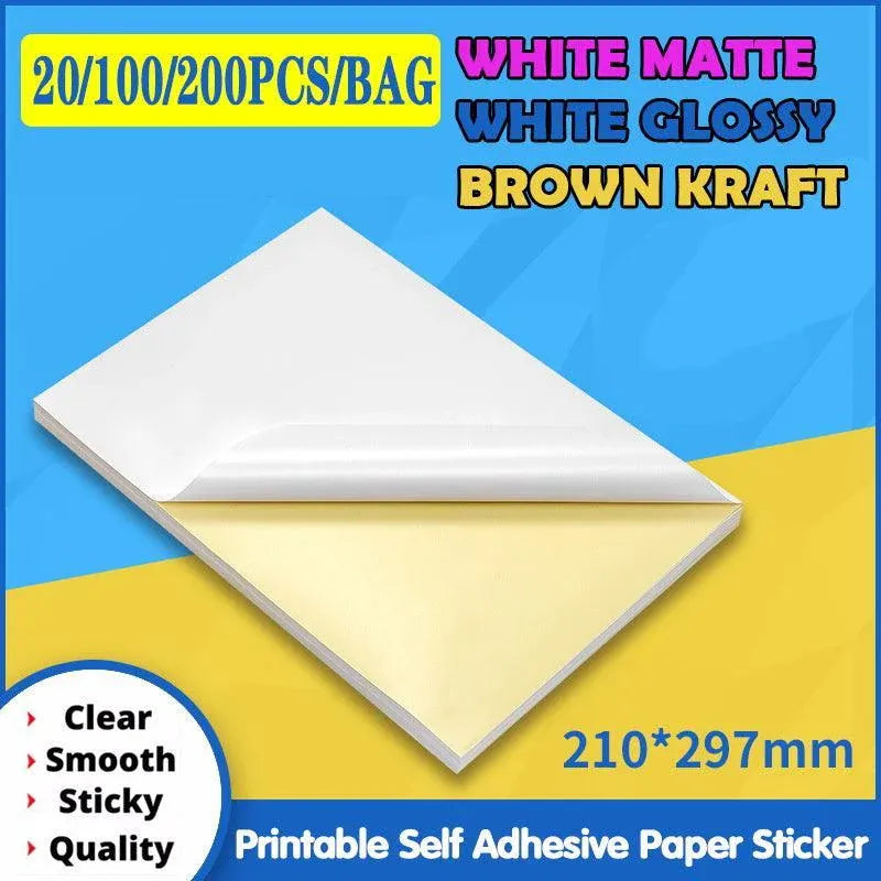A4 Self Adhesive Sticker Paper Sheet Label Laser Inkjet Print Mailing Address - White Matte*100 PCS
